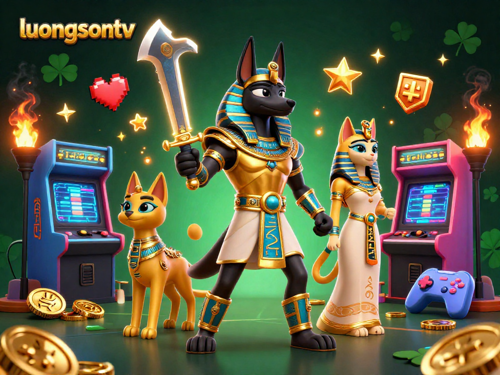 Experience thrilling moments with luongsontv through this vibrant illustration featuring Egyptian myths and gaming elements.