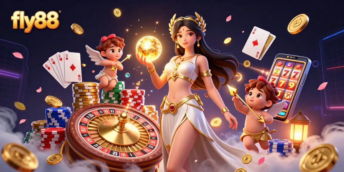 Experience thrilling wins at fly88 with 3D casino illustration depicting vibrant game elements and characters.