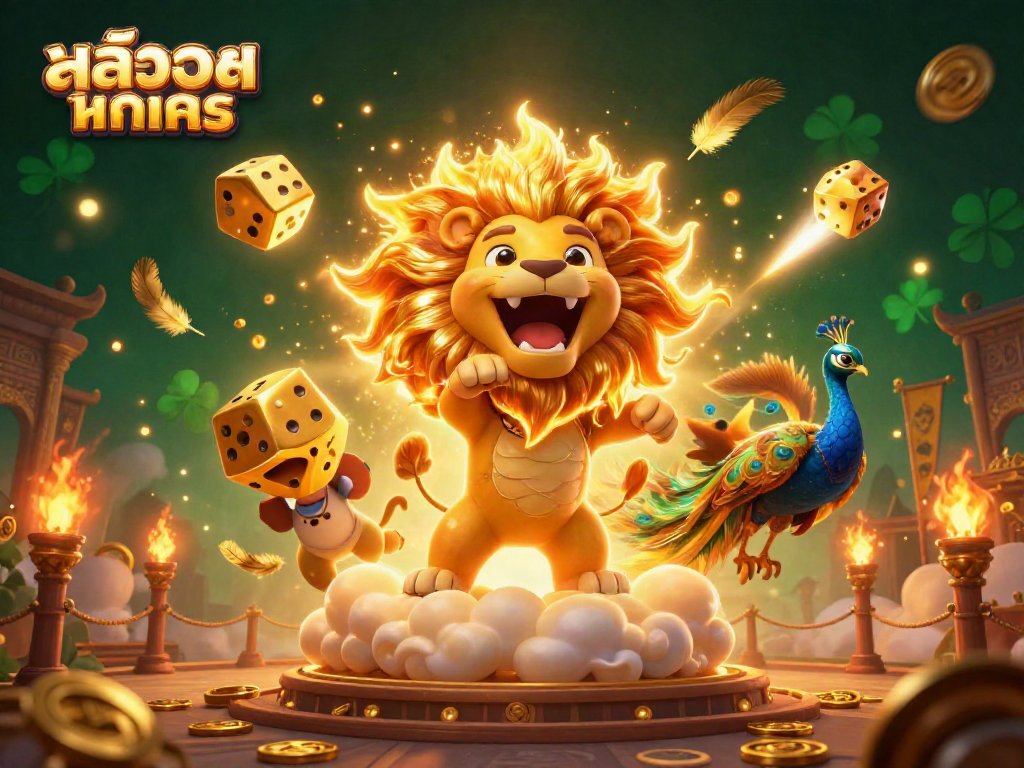 Engage in สล็อตทดลอง with vibrant visuals of a lion, golden dice, and peacock in an energetic casino scene.
