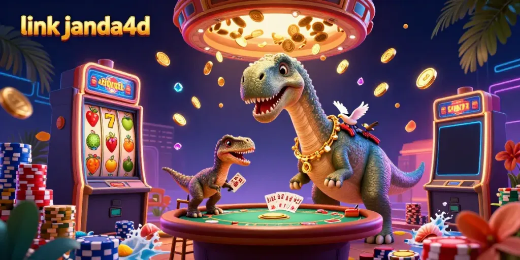 Tampilkan aksi menarik link janda4d di kasino dengan karakter dinosaurus besar dan slot mesin beruntung.