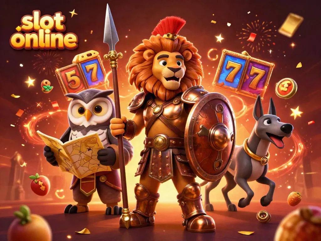 Engage with exciting slot online action as a heroic Spartan lion, wise owl, and swift greyhound explore vibrant gaming symbols.