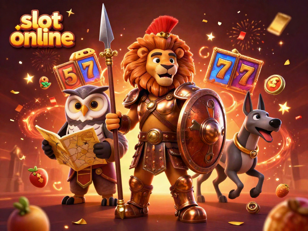 Engage with exciting slot online action as a heroic Spartan lion, wise owl, and swift greyhound explore vibrant gaming symbols.