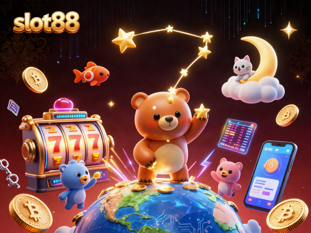 Experience thrilling gameplay with slot88 as a golden constellation bear scoops coins amidst vibrant slot reels.