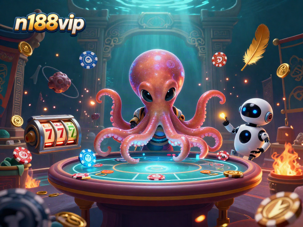 Join the excitement with n188vip at a cosmic poker game featuring a cartoon octopus and robot.