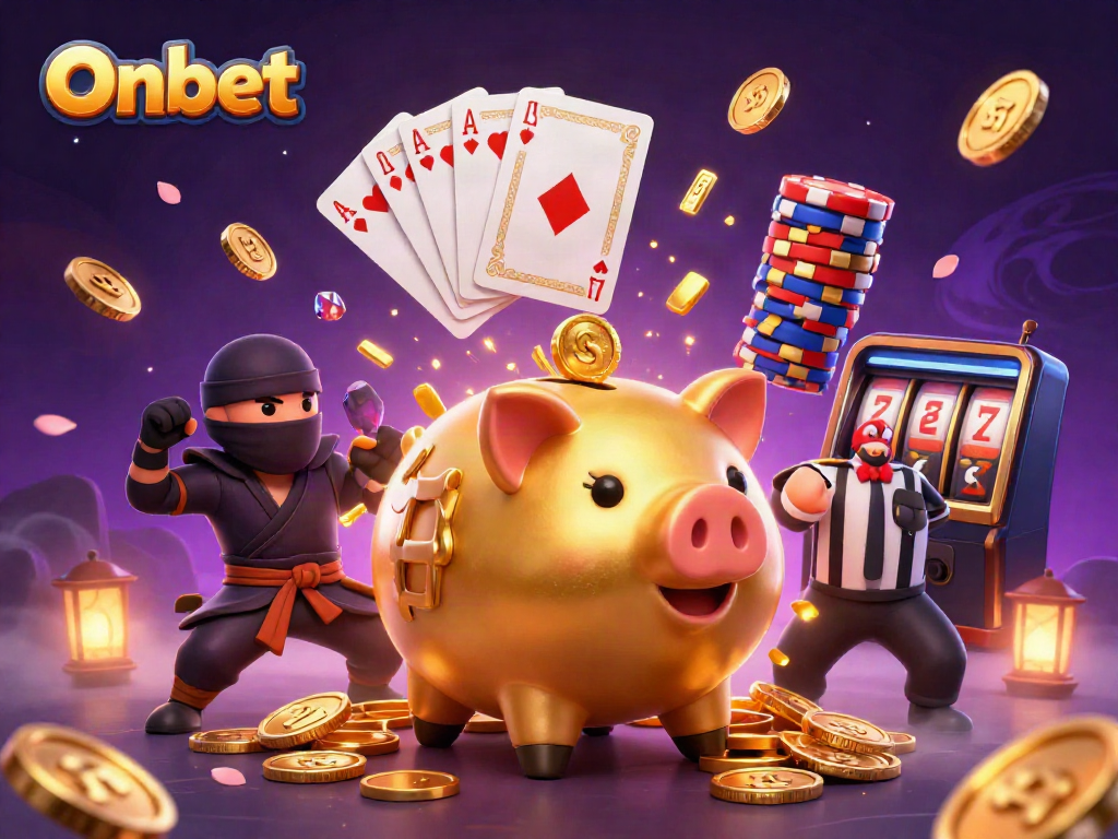 Onbet features a golden sumo wrestler and opponents amidst a whirlwind of coins and gems.