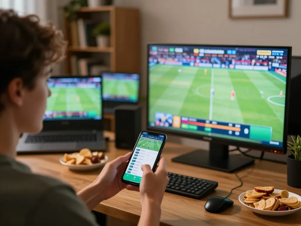 Engaged in live sports betting using nano banana 3 app on smartphone in cozy home.