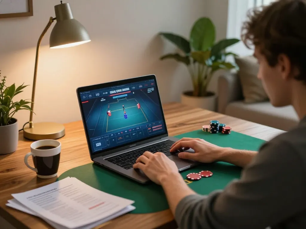 Engaging in ดูหนังใหม่ with a laptop poker game showing strategy and excitement in a cozy setting.