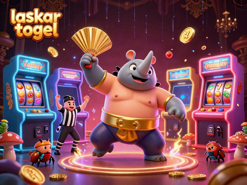 Engage in laskar togel with vibrant 3D illustration featuring a sumo beetle champion and dynamic casino elements.
