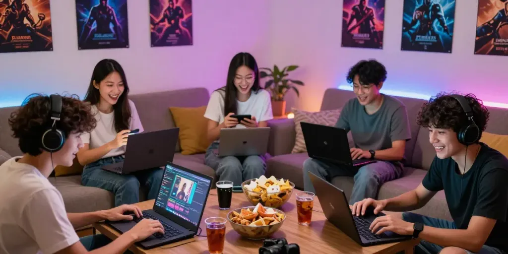 Grup teman bermain rajatogel online dengan suasana ceria di ruang tamu.