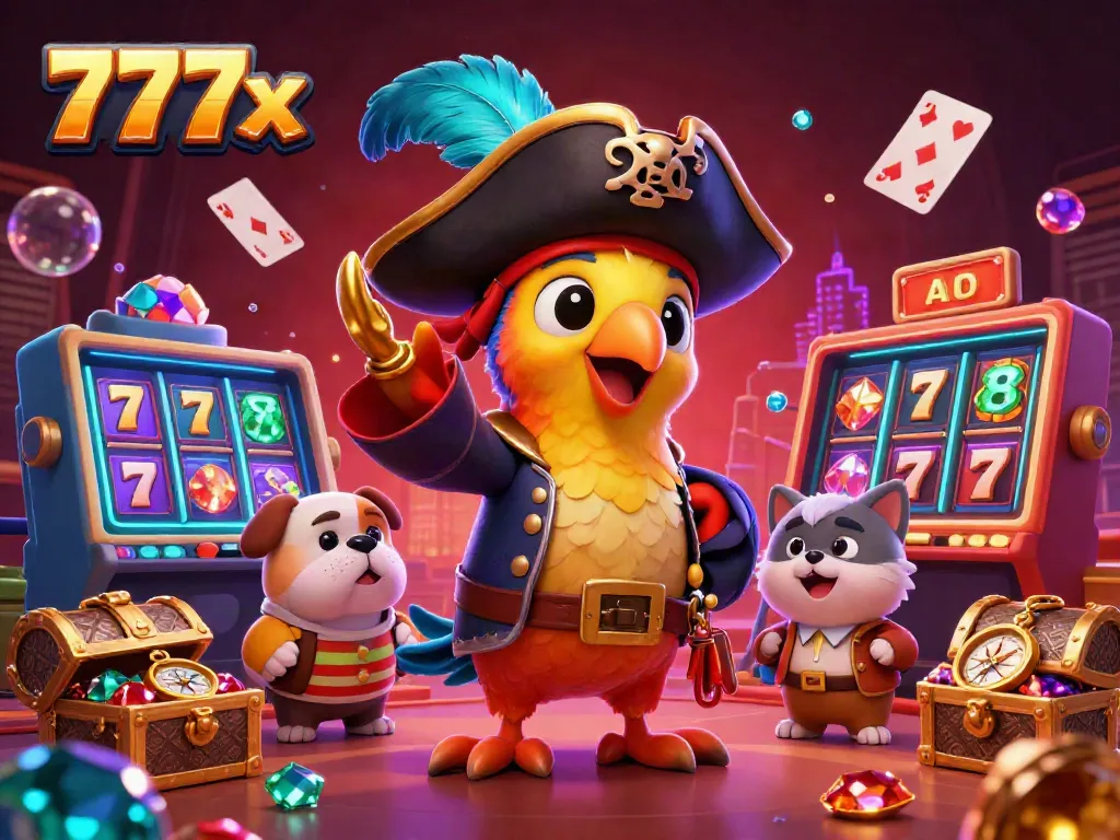 Engage with 777x's vibrant casino world, showcasing a pirate captain and fun game elements.