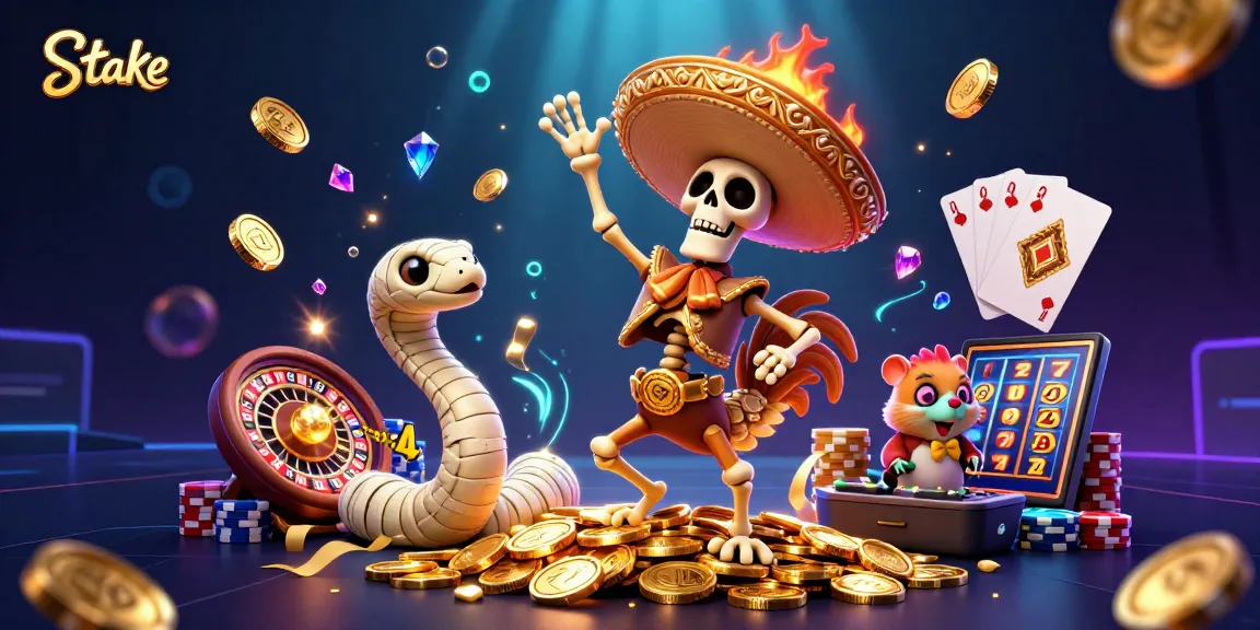 Experience Stake's vibrant gaming with a lively mariachi rooster and engaging casino elements.