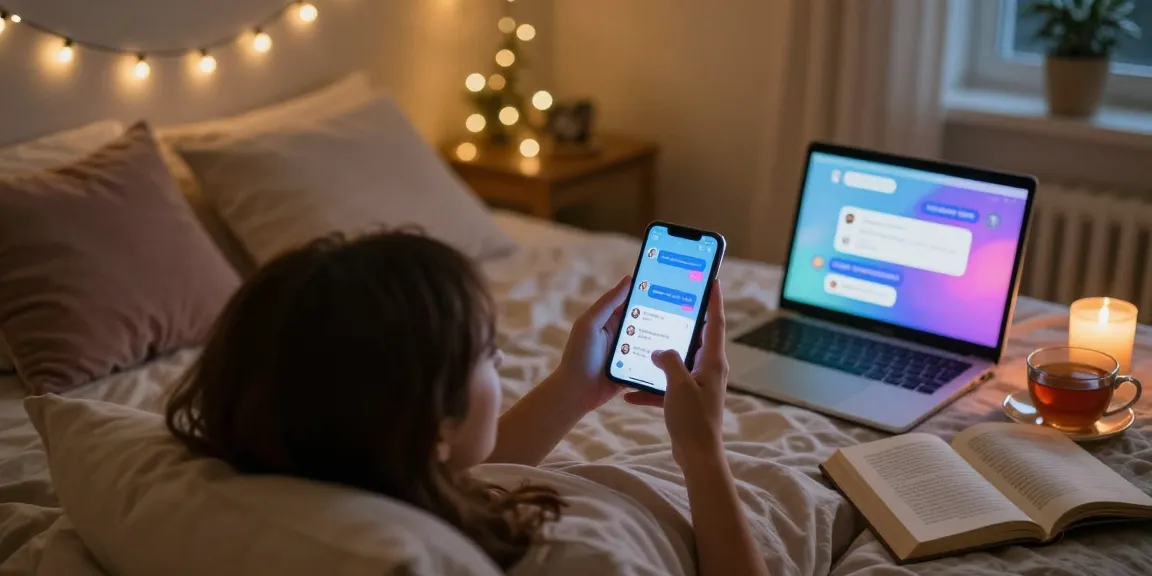 Engaging in sexting AI conversation in a cozy bedroom with ambient lights.