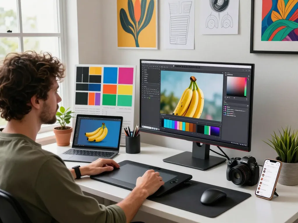 Digital artist editing with nano banana 2 in bright creative workspace filled with inspiration and technology.