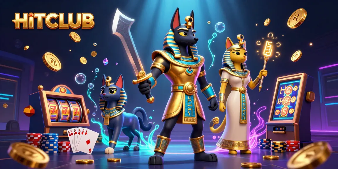 Engage in HITCLUB adventures with stunning slot reels, gold coins, and vibrant gaming elements.
