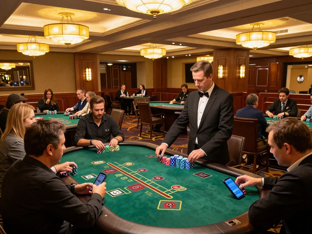 HM88 players strategizing in an upscale casino blackjack setting with vibrant chips and warm lighting