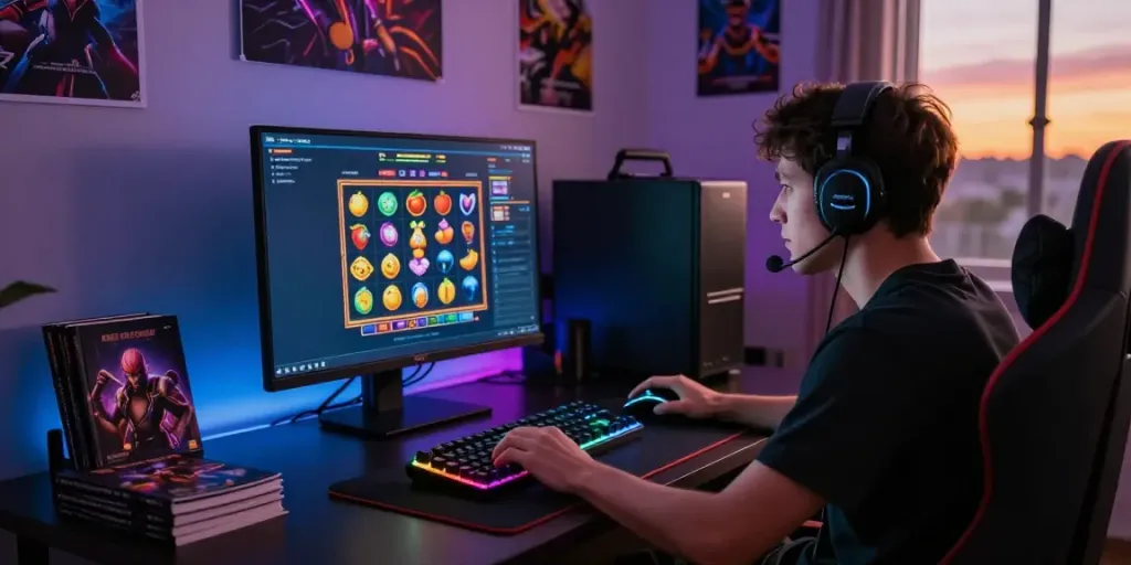 Engaging online gaming space featuring akunjp slot game experience with vibrant visuals and gaming accessories.