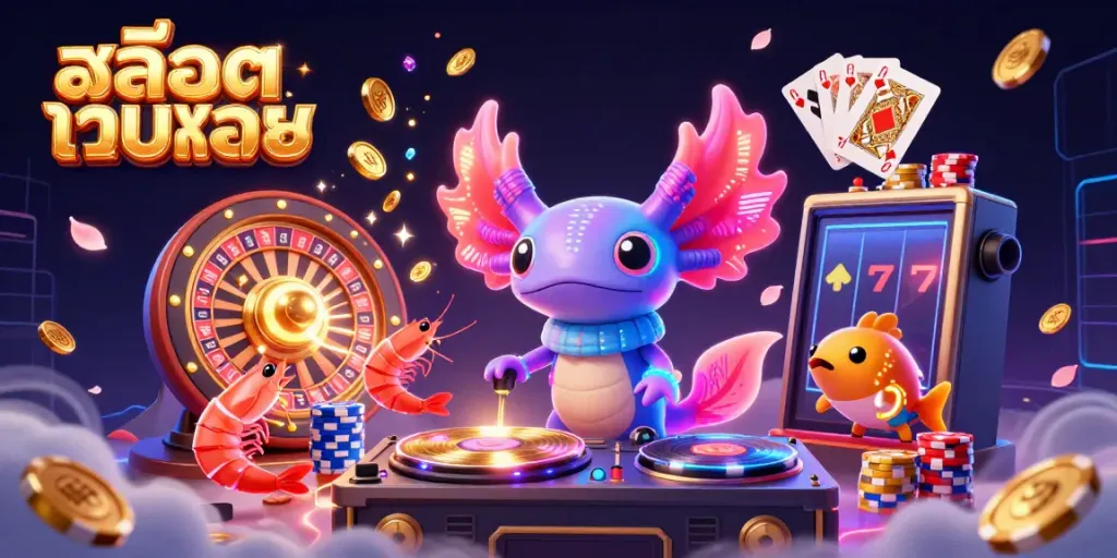 Engage in the excitement of สล็อตเว็บตรง with colorful characters, golden coins, and vibrant gaming elements.