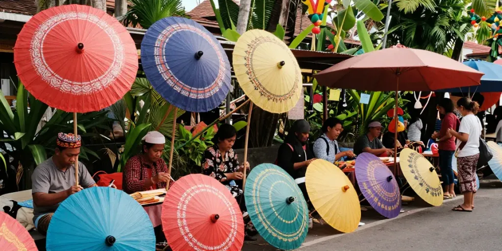 Explore vibrant handmade hotwin88 parasols in a Balinese market.