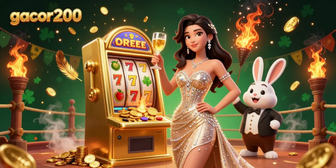 Experience excitement with gacor200's jackpot scene, featuring elegant characters beside a golden slot machine.