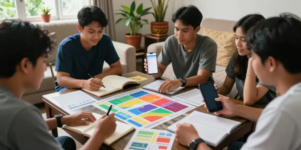 Bukumimpi138: Teman-teman berdiskusi strategi togel di ruang tamu yang cerah.