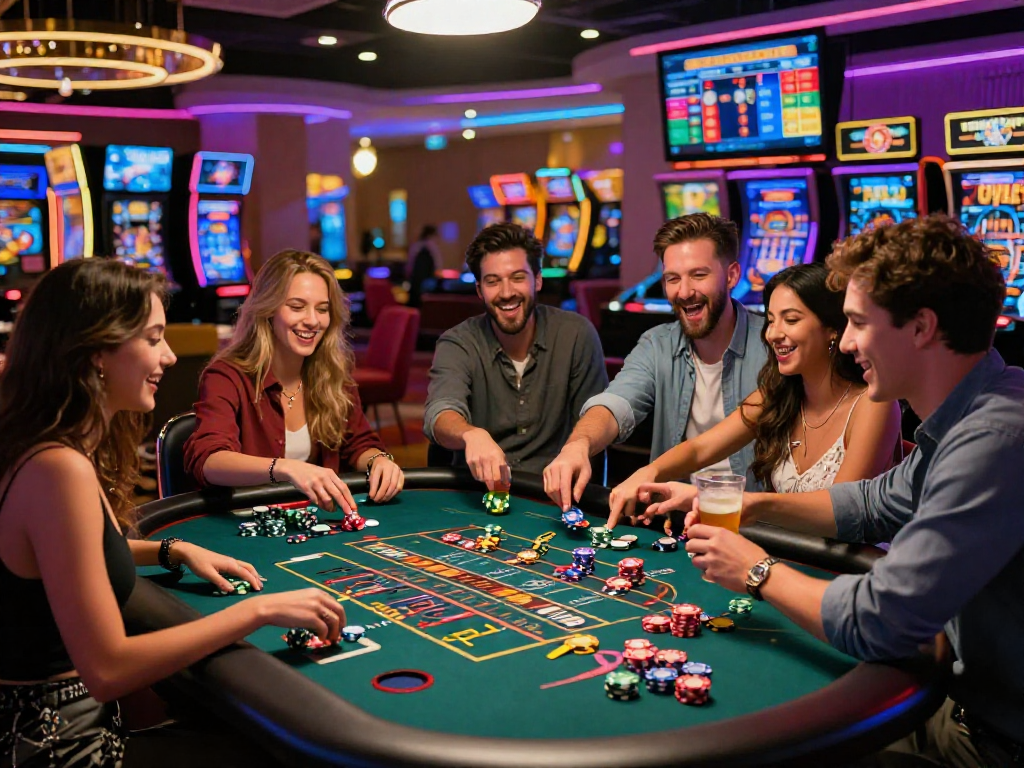 Exciting scene at a credit card casino with friends enjoying roulette and vibrant casino ambiance.