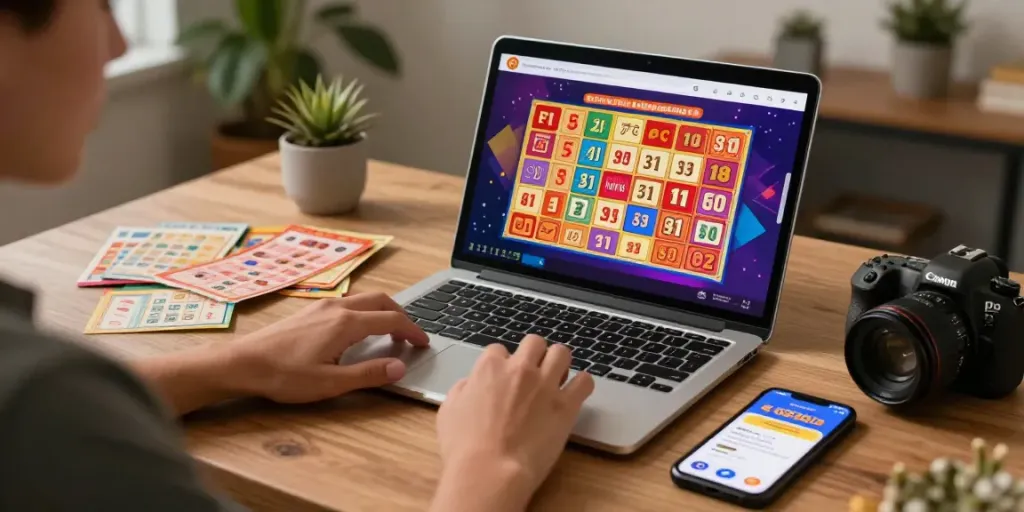 Pengguna bermain ratutogel dengan laptop dan tiket lotere, suasana santai dan nyaman.