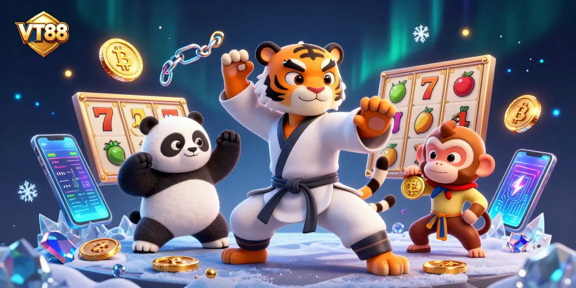 VT88 players enjoy engaging slot games amid vibrant characters and crypto elements.