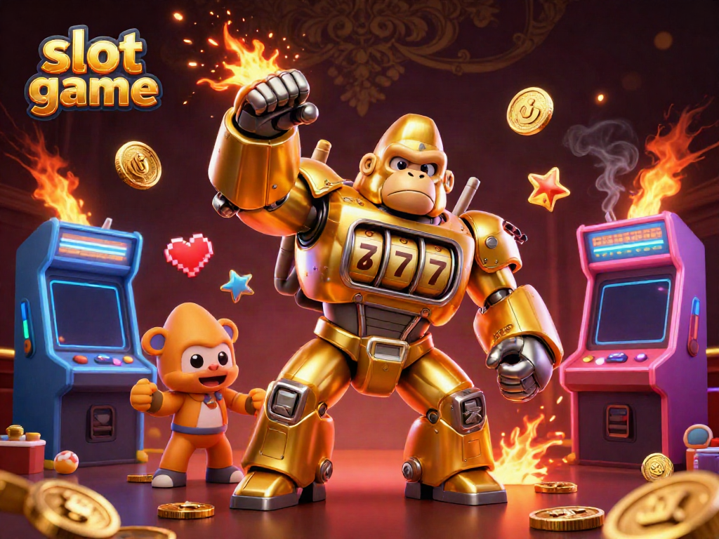 Create an engaging scene of a slot game with a golden gorilla mech, arcade machines, and vibrant casino elements.