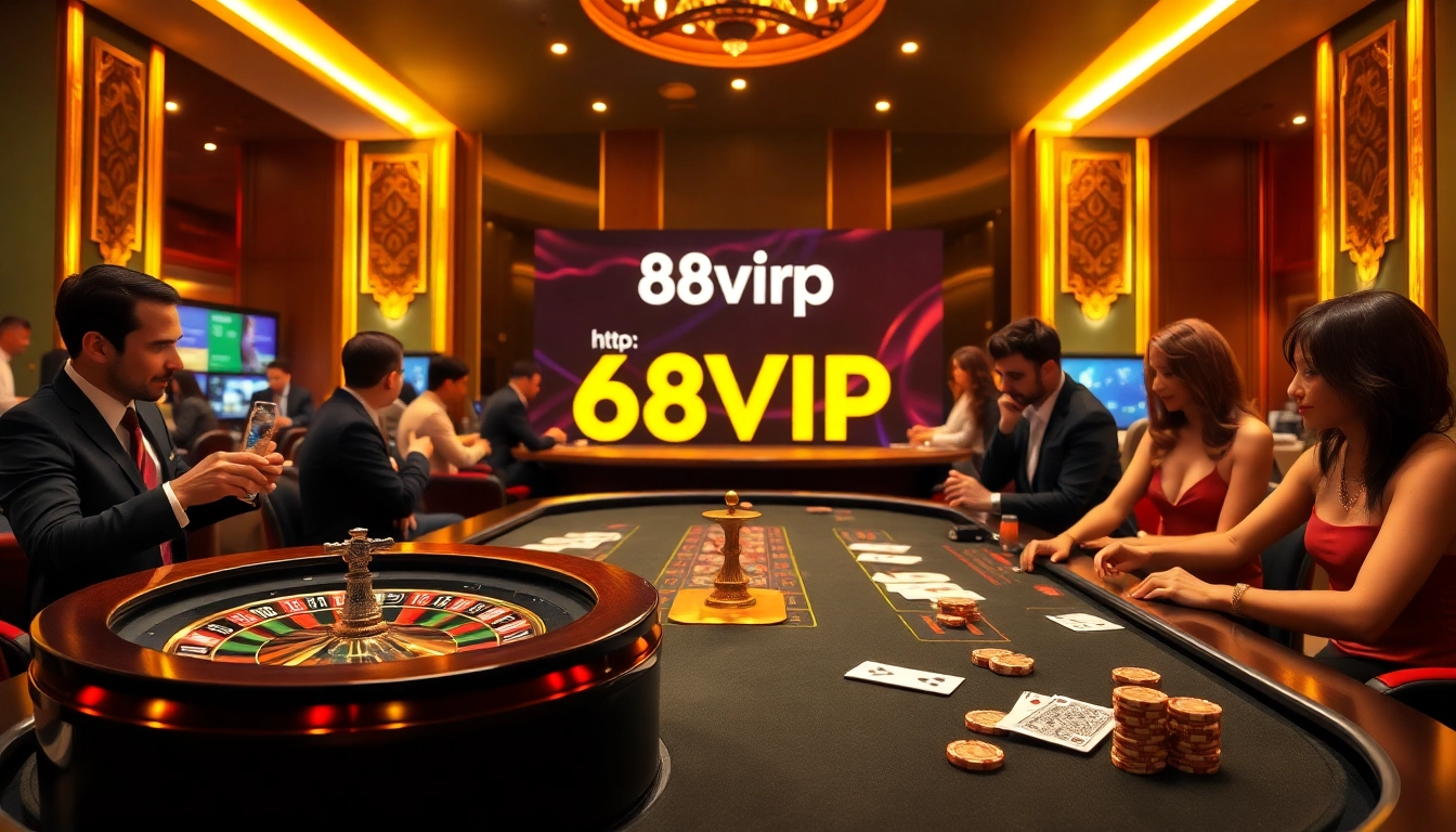 Experience thrilling gaming action at https://68vip.bz/ with vibrant roulette and poker scenes.