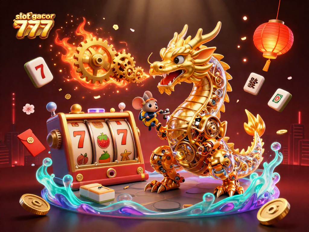 Slot gacor 777 menampilkan ilustrasi kasino penuh dengan simbol keberuntungan seperti naga emas dan koin jade.