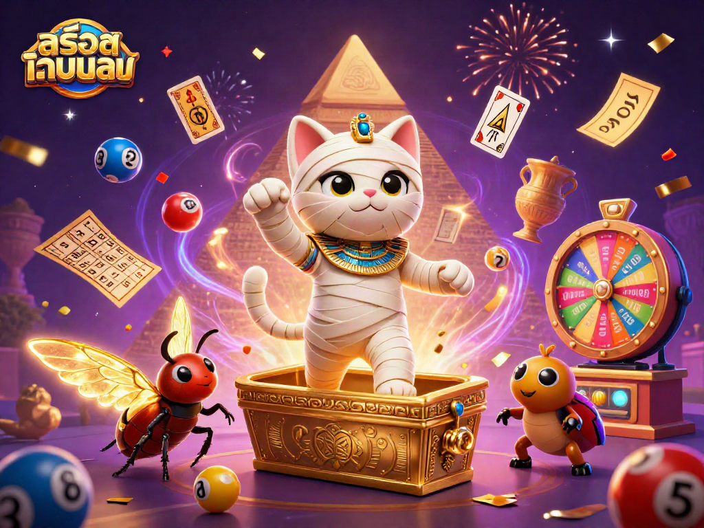 Engage with สล็อตเว็บตรง as a vibrant 3D mummy cat bursts from a casino sarcophagus, radiating casino thrill.