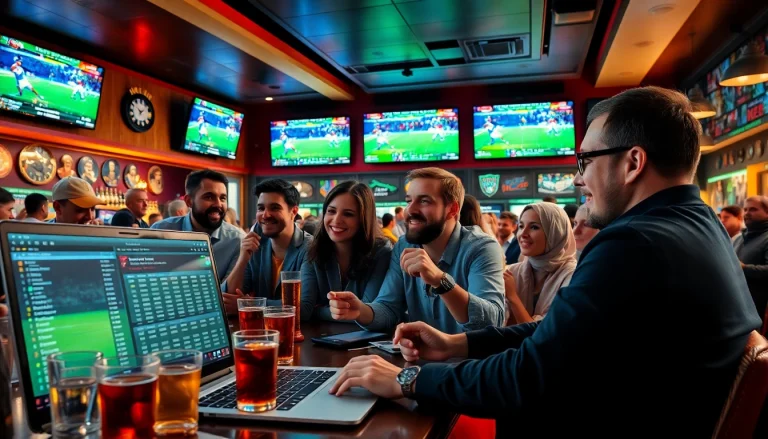Engage in Sports Betting with a lively atmosphere in a vibrant sports bar showcasing odds and analytics.