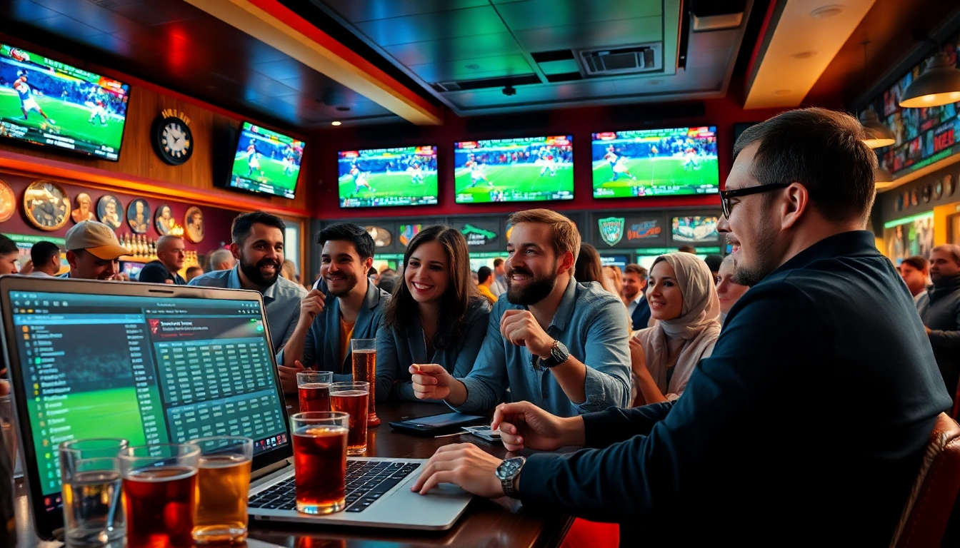 Engage in Sports Betting with a lively atmosphere in a vibrant sports bar showcasing odds and analytics.