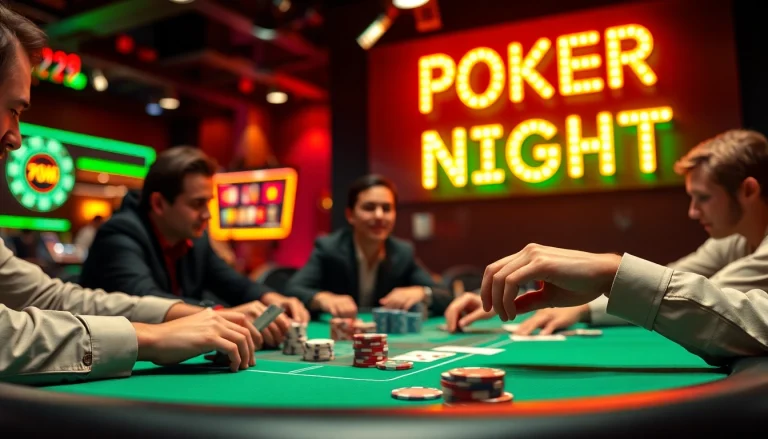 Engage in an exciting Poker Game with focused players around a vibrant casino table.