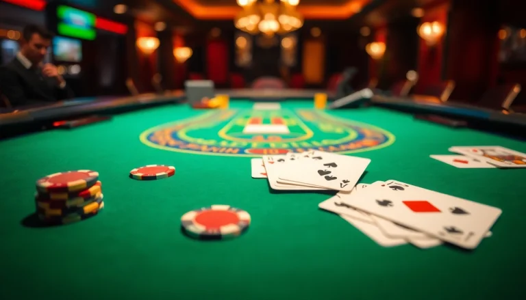 Play strategic games at the Blackjack Casino with an engaging table setup and colorful chips.