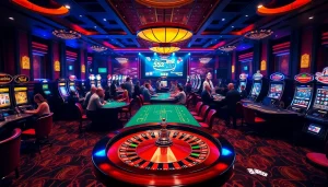 Engage with thrilling gameplay at 555win com, featuring a vibrant casino atmosphere with roulette and slot machines.
