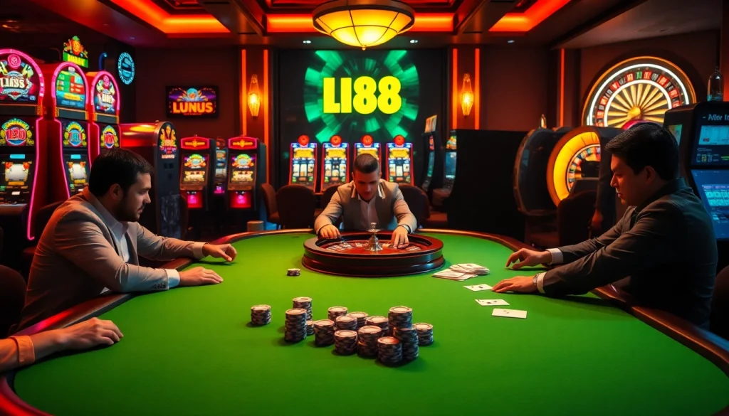 High-stakes players engaging in poker action at lu88 casino table with colorful chips.