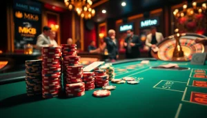 An engaging poker game scene with MK8 branding, vibrant chips, and an exciting roulette wheel.