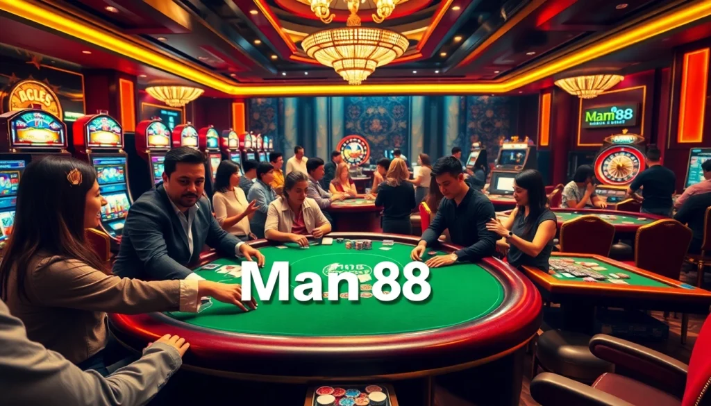 Players enjoy thrilling games at Man88 Casino, featuring poker, slots, and roulette tables.