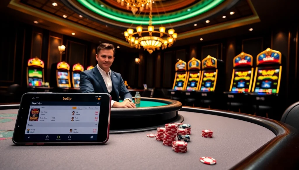 Trải nghiệm trò chơi cờ bạc cao cấp với giao diện ứng dụng Bet VIP được trình bày trong bối cảnh casino sang trọng.
