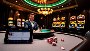 Trải nghiệm trò chơi cờ bạc cao cấp với giao diện ứng dụng Bet VIP được trình bày trong bối cảnh casino sang trọng.