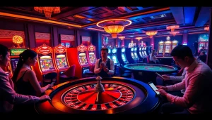 Players using Gopay88 app while enjoying poker and roulette at a vibrant casino.