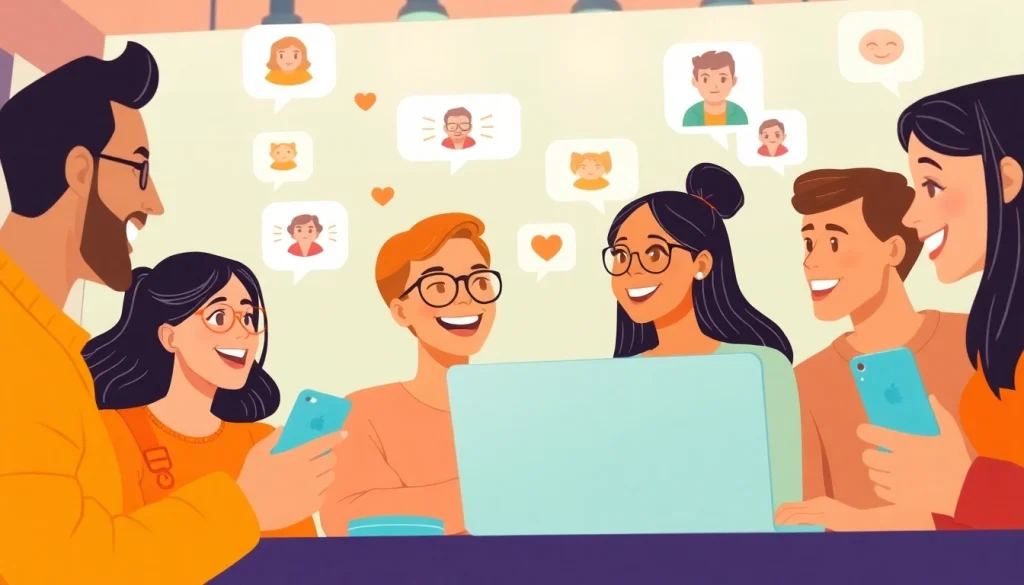 مشهد تفاعلي من شات الرياض يظهر فيه أشخاص متنوعون يتحادثون عبر أجهزتهم، ما يعكس أجواء نابضة بالحياة.