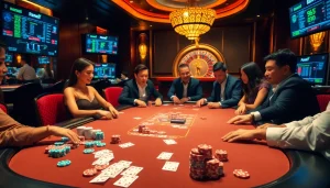 The thrilling atmosphere of a casino poker table featuring players engaged in action at https://kk55.fit/ with colorful chips and cards.