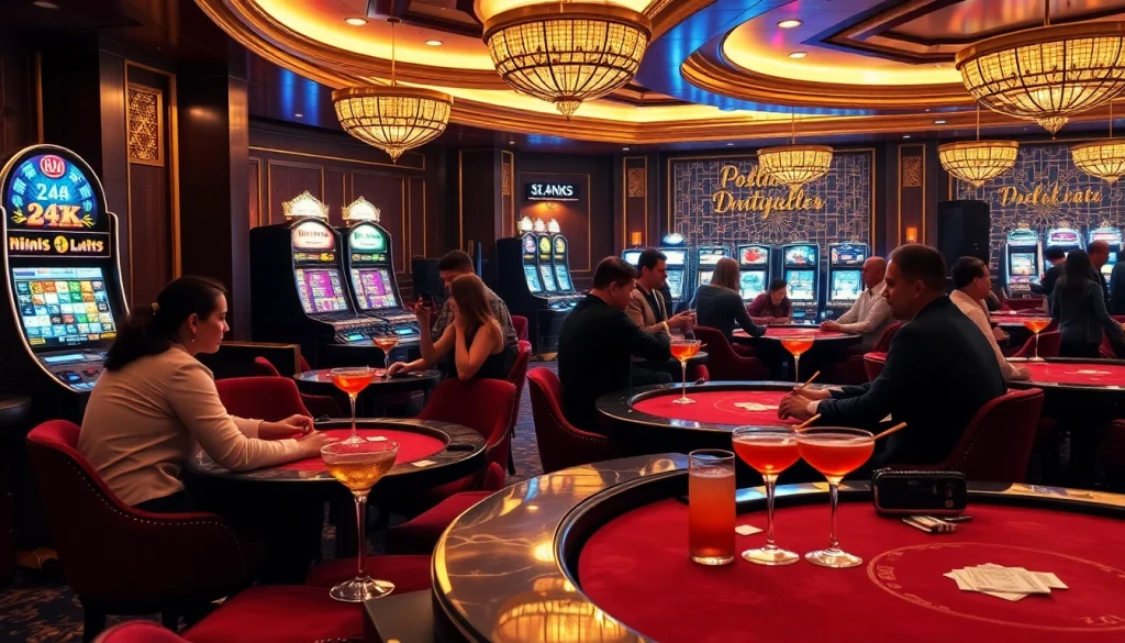 Experience the thrill of the 24k club with luxurious slot machines and elite gamblers enjoying high-stakes action.