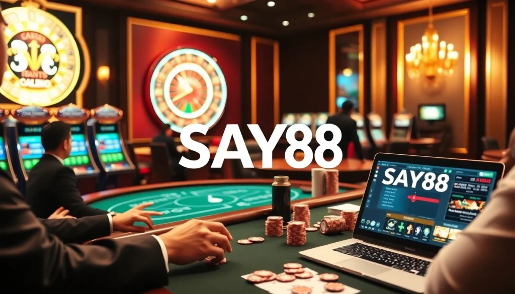 Experience the excitement at SAY88 nhà cái with a vibrant casino scene showcasing poker and roulette.