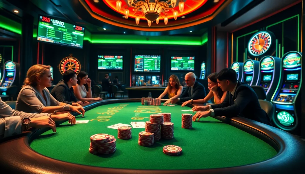 Enthusiastic players engaging at a luxurious poker table featuring https://urr88.com/ in a high-energy casino atmosphere.