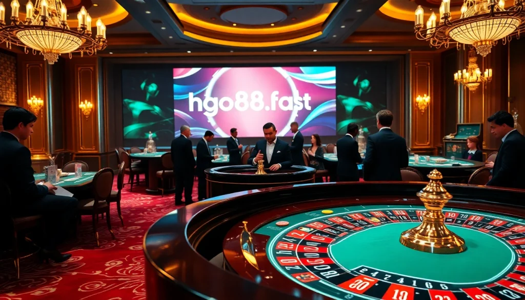 Experience excitement at GO88 with a luxurious casino atmosphere, roulette, and players engaged in thrilling bets.