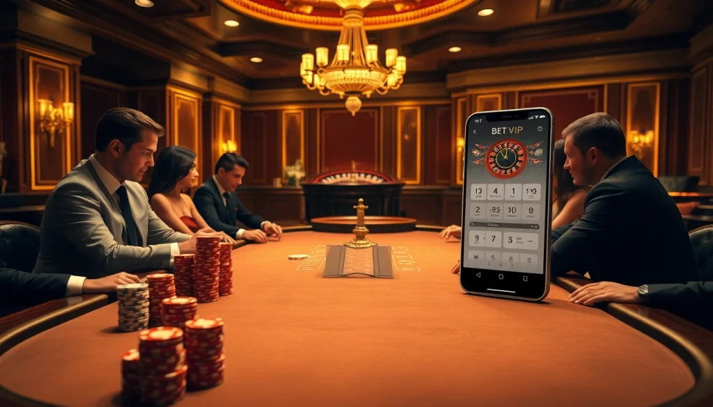 Trải nghiệm sự hứng khởi của ứng dụng Bet VIP tại bàn poker sang trọng được ánh sáng ấm áp chiếu lên.