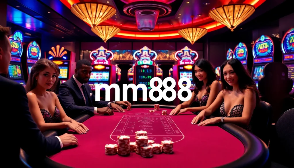 Players strategizing at an mm88 poker table surrounded by vibrant casino elements.